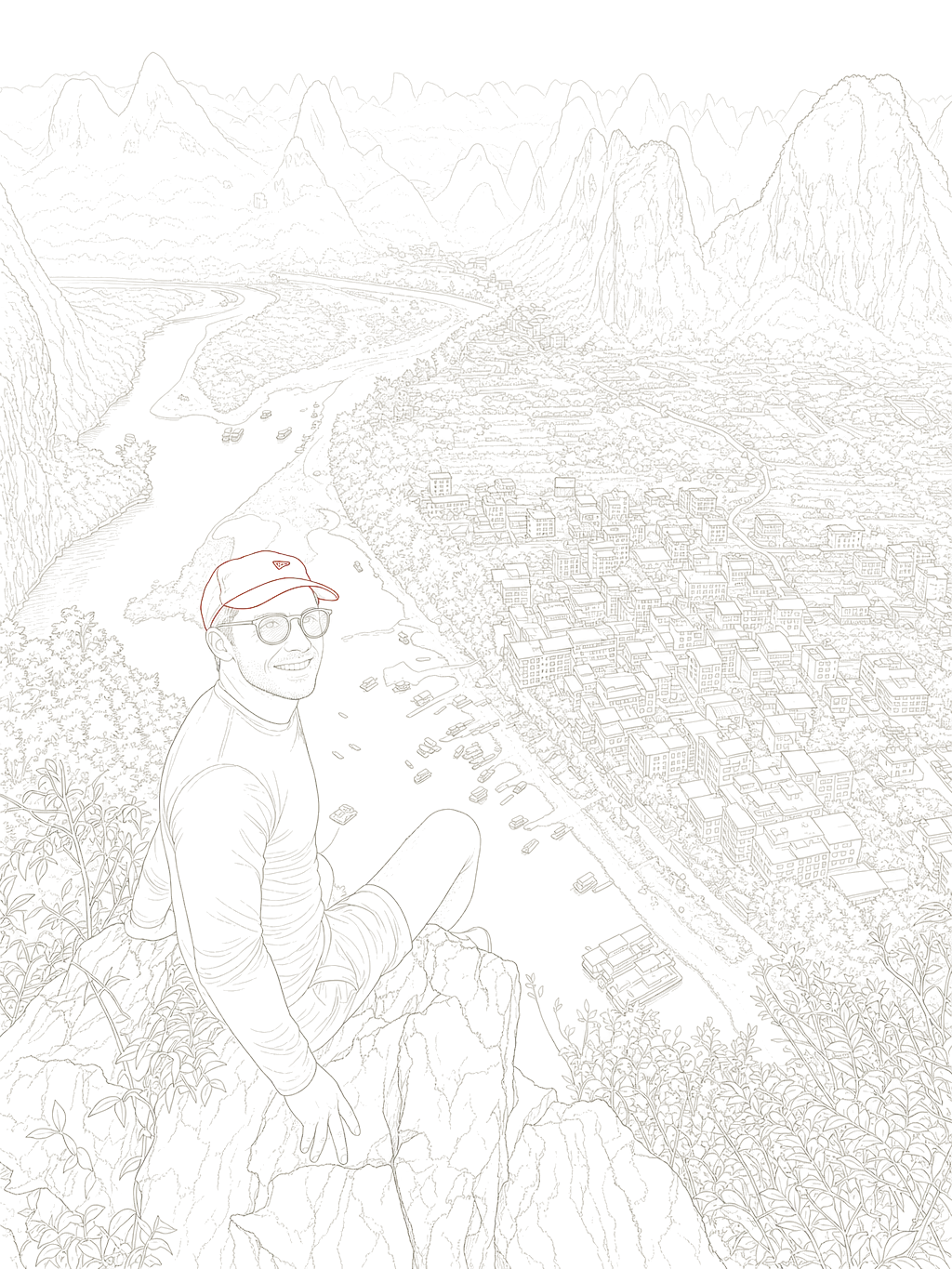 Moment: an atlas-plate line drawing, redrawn from our summit photo on Laozhai Hill: me in a red cap sitting on the karst outcrop above the Li River bend at Xingping, village and peaks beyond
