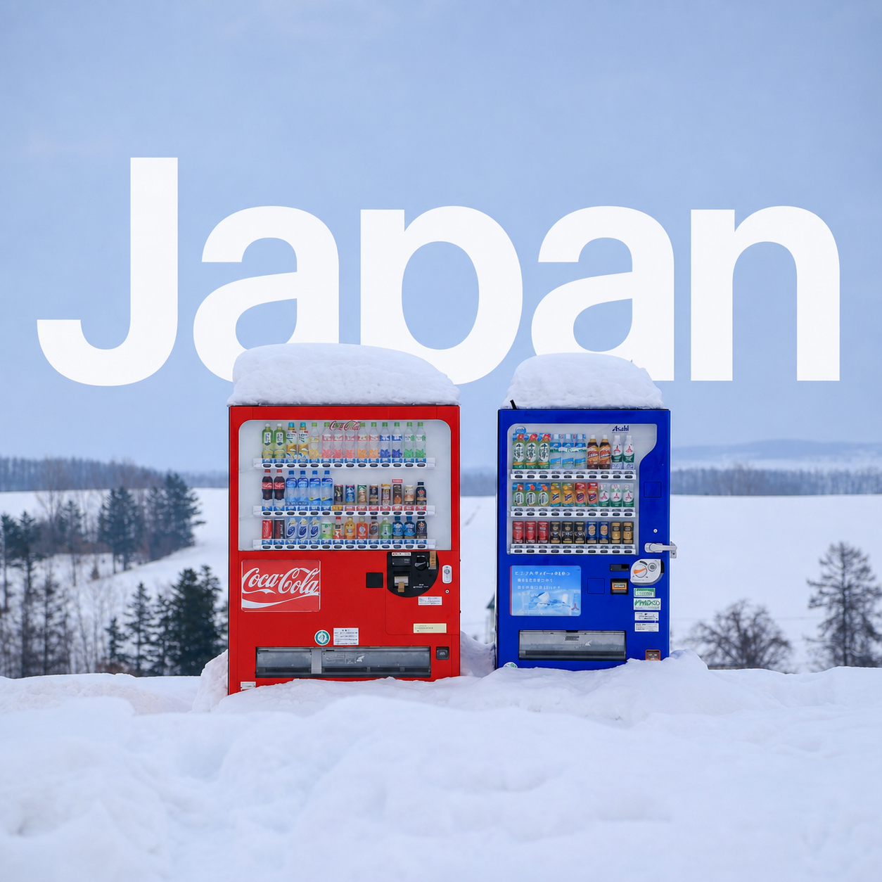 Japanese vending machines on a snowy street.