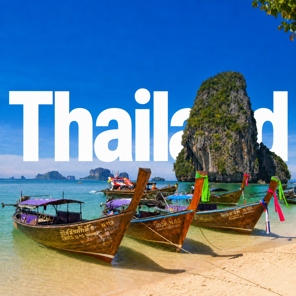 Long-tail boats on a Thailand beach with limestone cliffs behind them.