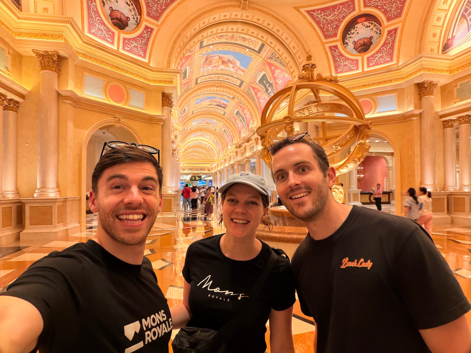 Trip photo: the three of us under the painted ceilings of the Venetian's casino hall, day one