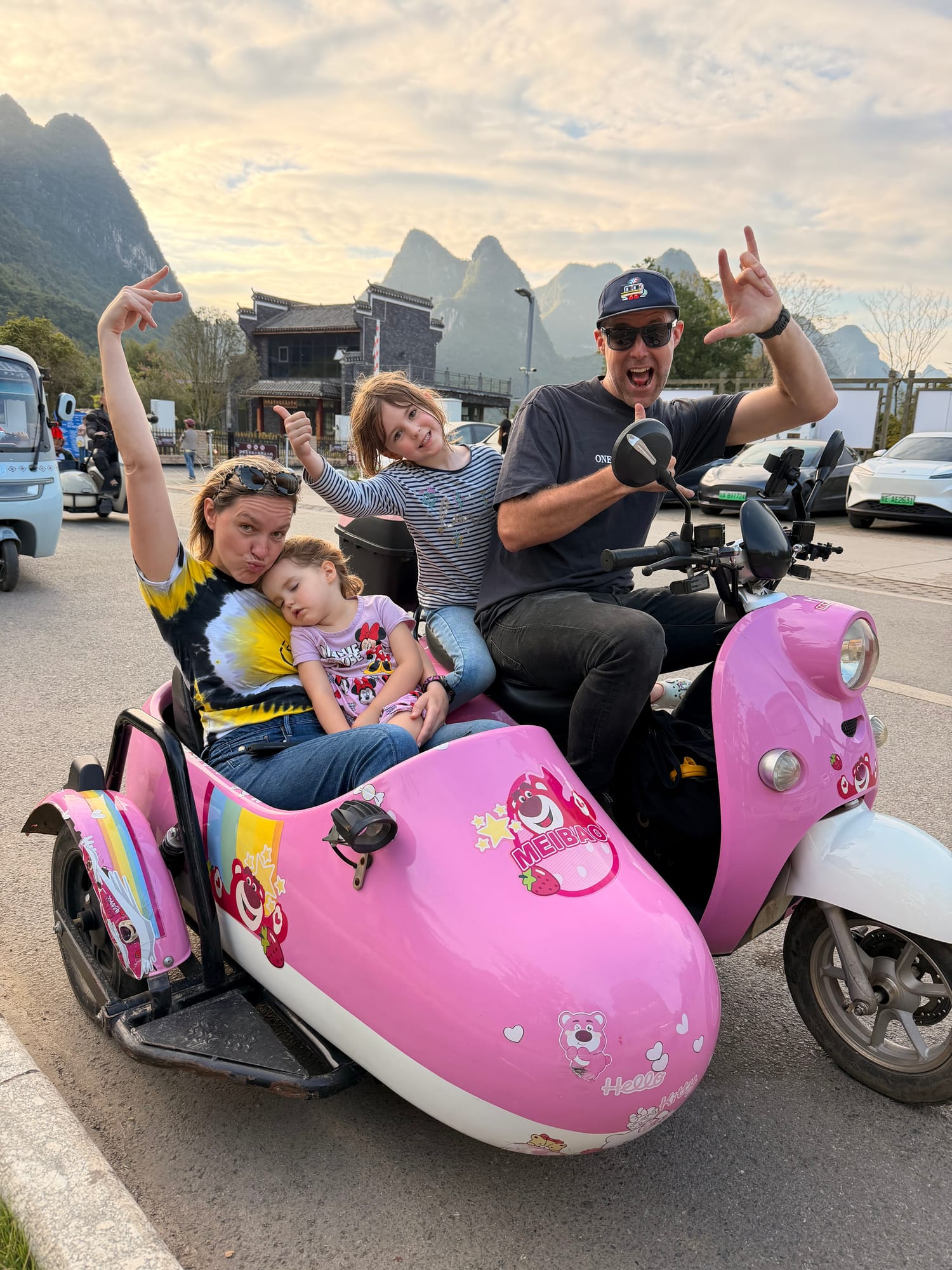 Trip photo: the pink Lotso sidecar, the dumbest and best rental decision of the month