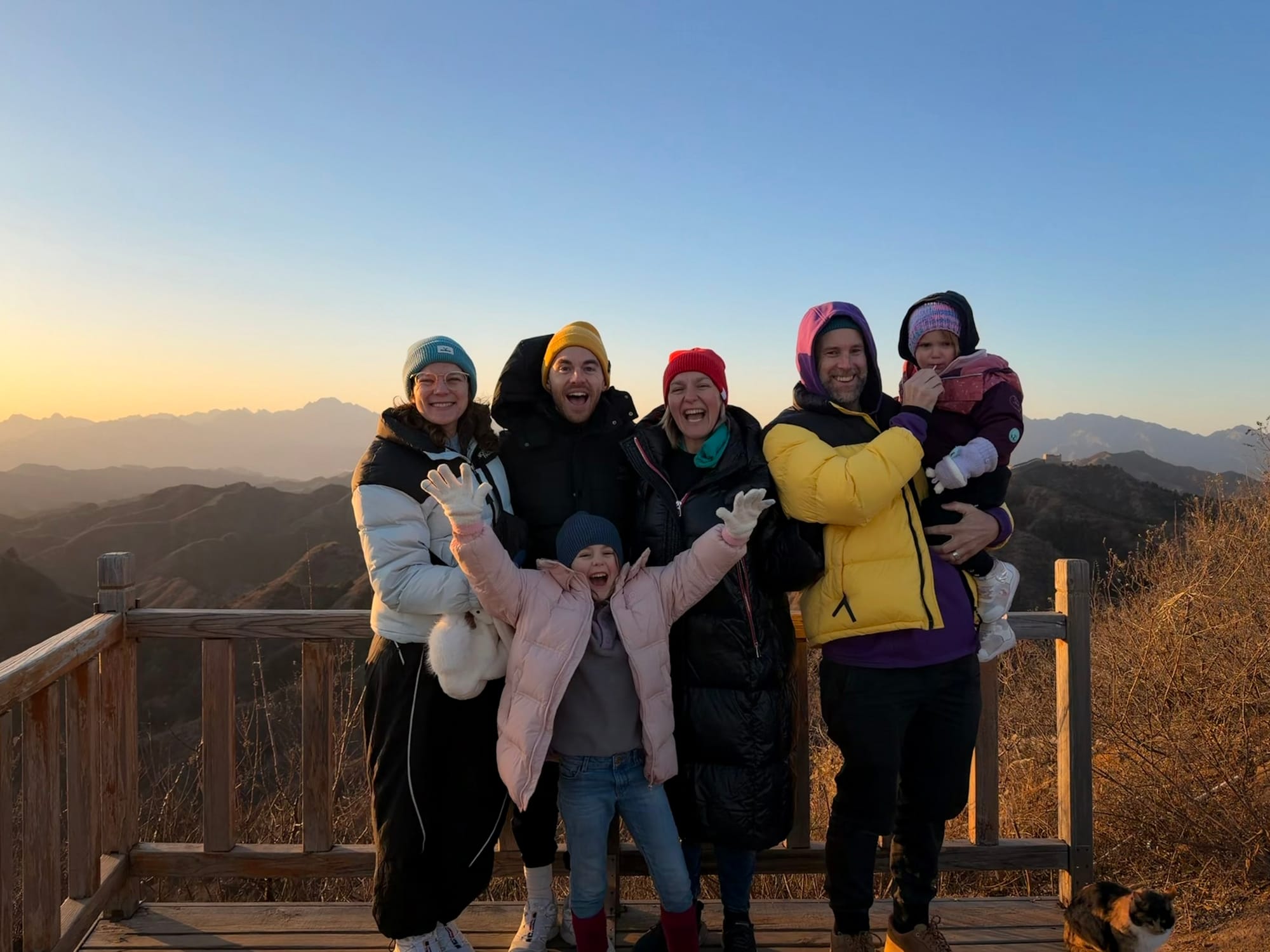 Trip photo: all six of us on the watchtower platform at sunrise, minus seven degrees